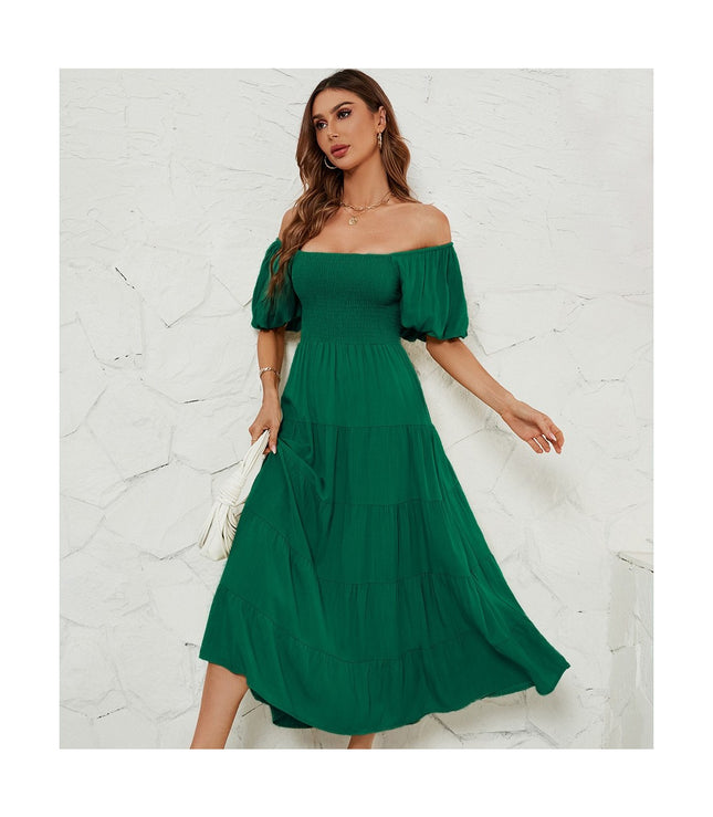 Women's Off Shoulder Wrap Puff Short Sleeve Smocked Ruffle Maxi Dress