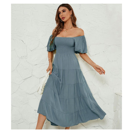 Women's Off Shoulder Wrap Puff Short Sleeve Smocked Ruffle Maxi Dress