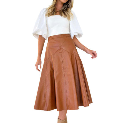 Women's High Waist A-Line Pu Faux Leather Pleated Midi Skirt