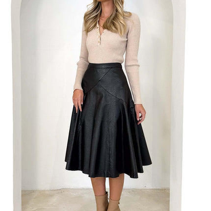 Women's High Waist A-Line Pu Faux Leather Pleated Midi Skirt