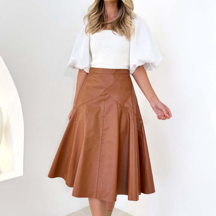 Women's High Waist A-Line Pu Faux Leather Pleated Midi Skirt