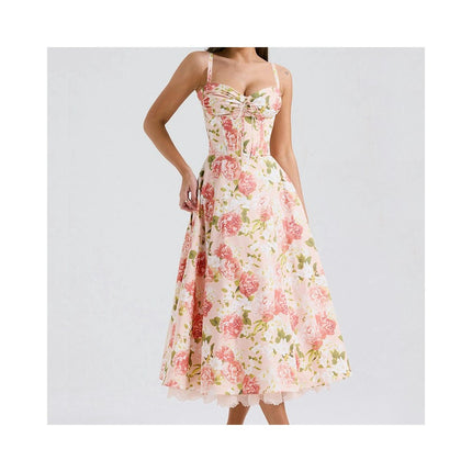 Women Spaghetti Straps Corset Dress Summer Square Neck Floral Maxi Dress