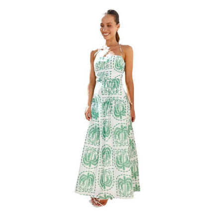 Womens Floral Summer Sleeveless Halter Neck Flowy A Line Long Boho Dress with Belt