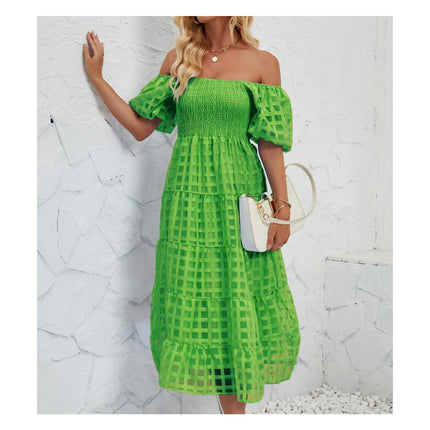 Women's Off Shoulder Wrap Puff Short Sleeve Tiered Ruffle Maxi Dress