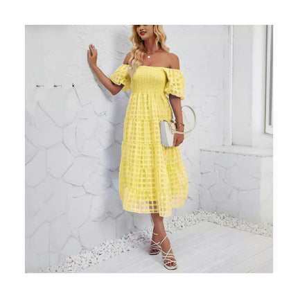 Women's Off Shoulder Wrap Puff Short Sleeve Tiered Ruffle Maxi Dress