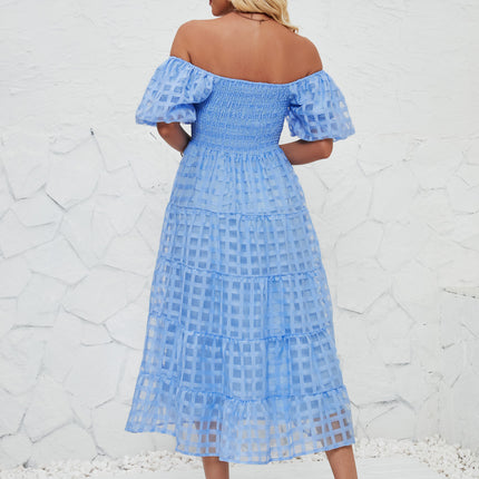 Women's Off Shoulder Wrap Puff Short Sleeve Tiered Ruffle Maxi Dress