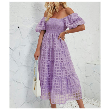 Women's Off Shoulder Wrap Puff Short Sleeve Tiered Ruffle Maxi Dress