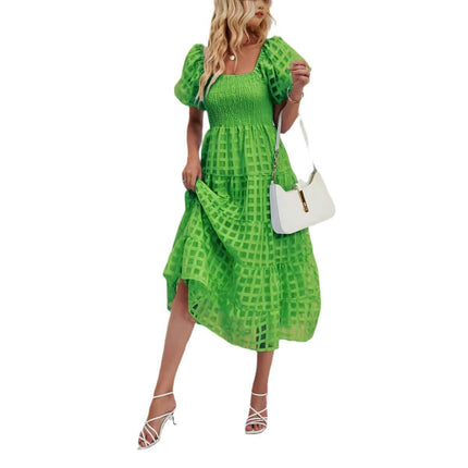 Women's Off Shoulder Wrap Puff Short Sleeve Tiered Ruffle Maxi Dress