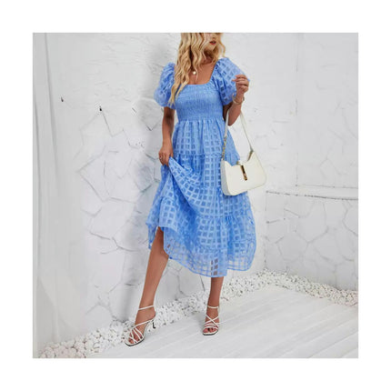 Women's Off Shoulder Wrap Puff Short Sleeve Tiered Ruffle Maxi Dress