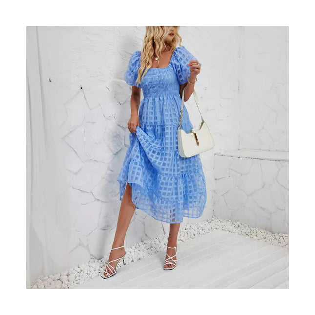 Women's Off Shoulder Wrap Puff Short Sleeve Tiered Ruffle Maxi Dress