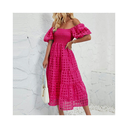 Women's Off Shoulder Wrap Puff Short Sleeve Tiered Ruffle Maxi Dress