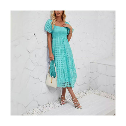 Women's Off Shoulder Wrap Puff Short Sleeve Tiered Ruffle Maxi Dress