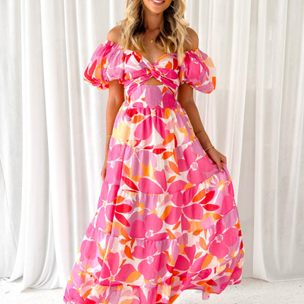 Women Floral Puff Short Sleeve V Neck Boho Flowy Ruffle Casual Maxi Dress