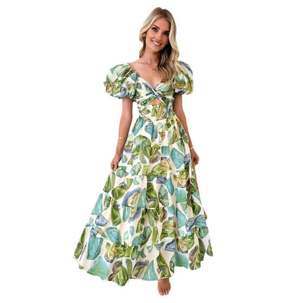 Women Floral Puff Short Sleeve V Neck Boho Flowy Ruffle Casual Maxi Dress