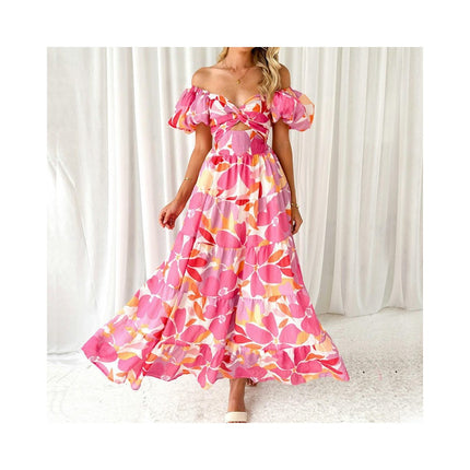 Women Floral Puff Short Sleeve V Neck Boho Flowy Ruffle Casual Maxi Dress