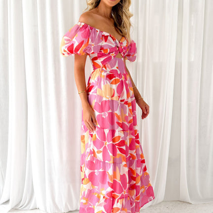 Women Floral Puff Short Sleeve V Neck Boho Flowy Ruffle Casual Maxi Dress