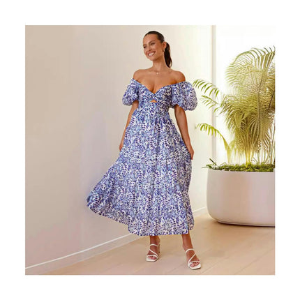 Women Floral Puff Short Sleeve V Neck Boho Flowy Ruffle Casual Maxi Dress