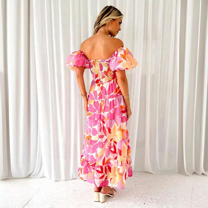 Women Floral Puff Short Sleeve V Neck Boho Flowy Ruffle Casual Maxi Dress