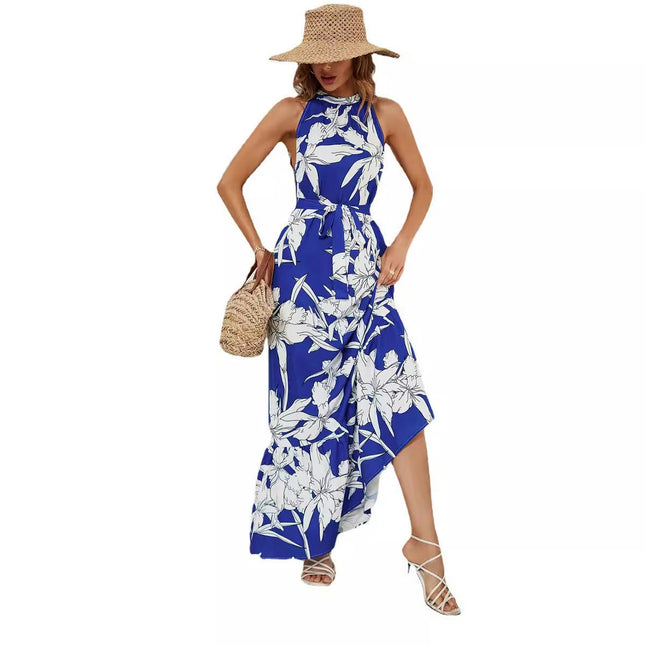 Women's Summer Sleeveless Halter Neck A-Line Ruffle Tie Waist Casual Flowy Maxi Dress