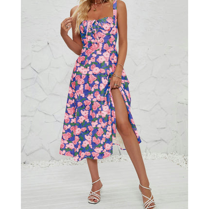 Women's Summer Split Spaghetti Strap Sleeveless Midi Floral Dress