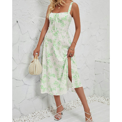 Women's Summer Split Spaghetti Strap Sleeveless Midi Floral Dress