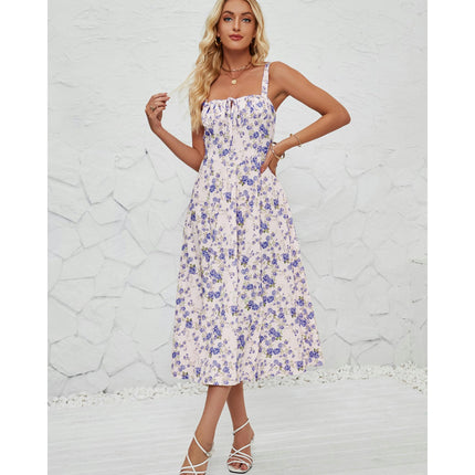 Women's Summer Split Spaghetti Strap Sleeveless Midi Floral Dress