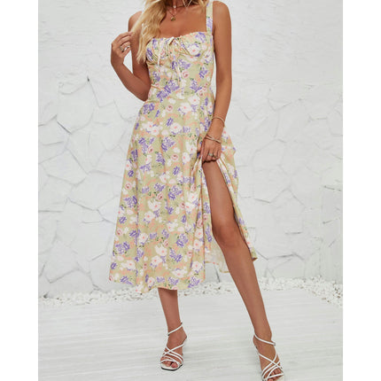 Women's Summer Split Spaghetti Strap Sleeveless Midi Floral Dress