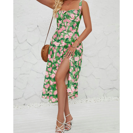 Women's Summer Split Spaghetti Strap Sleeveless Midi Floral Dress