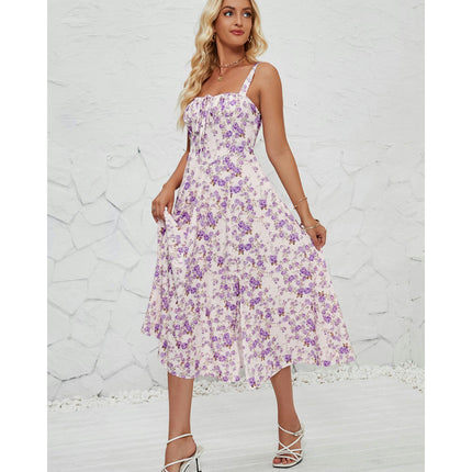 Women's Summer Split Spaghetti Strap Sleeveless Midi Floral Dress