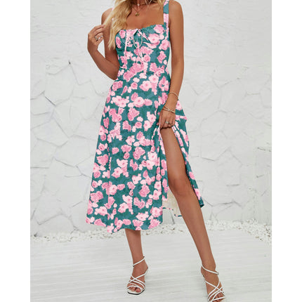 Women's Summer Split Spaghetti Strap Sleeveless Midi Floral Dress