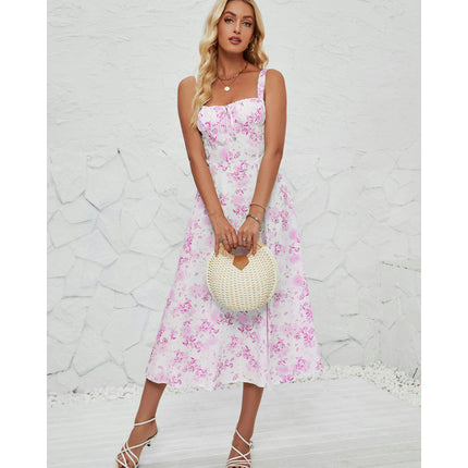 Women's Summer Split Spaghetti Strap Sleeveless Midi Floral Dress