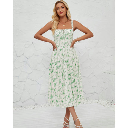 Women's Summer Split Spaghetti Strap Sleeveless Midi Floral Dress