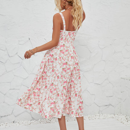 Women's Summer Split Spaghetti Strap Sleeveless Midi Floral Dress