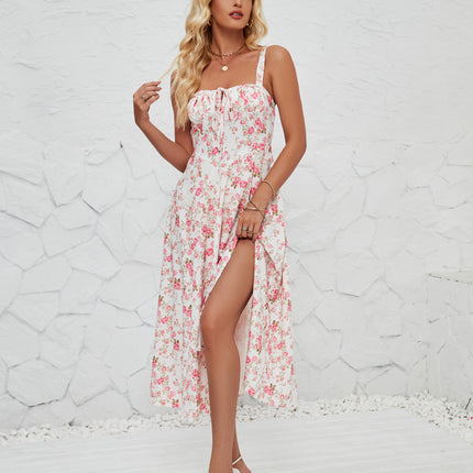 Women's Summer Split Spaghetti Strap Sleeveless Midi Floral Dress