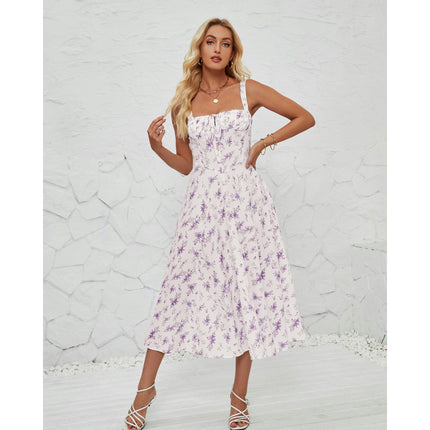 Women's Summer Split Spaghetti Strap Sleeveless Midi Floral Dress