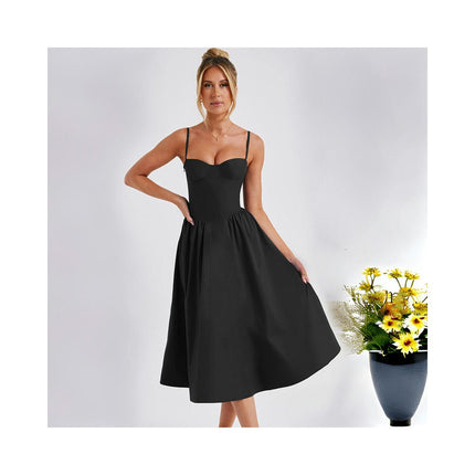 Sleeveless Corset Dress for Women Spaghetti Strap Flowy Pleated Midi Dress