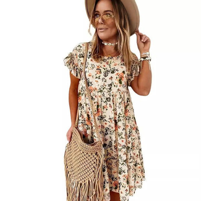 Women's Summer Casual Ruffle Short Sleeves Floral Print Round Neck Loose Pleated Mini Dress