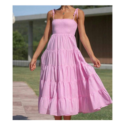 Womens Smocked Spaghetti Straps Sleeveless Tiered Ruffles Casual Long Dresses