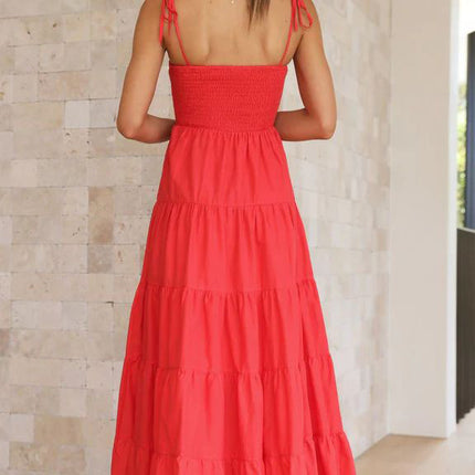 Womens Smocked Spaghetti Straps Sleeveless Tiered Ruffles Casual Long Dresses