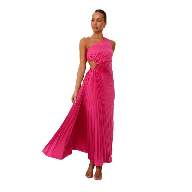 Women's One Shoulder Pleated Summer Boho Dresses Sleeveless Flowy Beach Maxi Dress