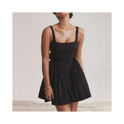 Women Bow Tie Mini Dress Sexy Backless Sleeveless Spaghetti Strap Flowy Short Dresses