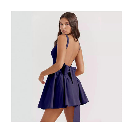 Women Bow Tie Mini Dress Sexy Backless Sleeveless Spaghetti Strap Flowy Short Dresses