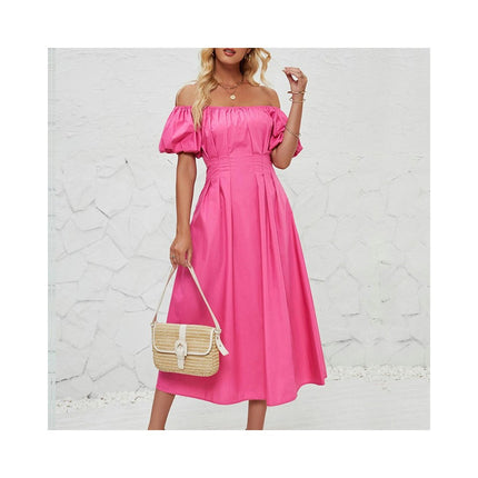 Women's Off Shoulder Wrap Puff Short Sleeve Pleated Flowy Midi Dress