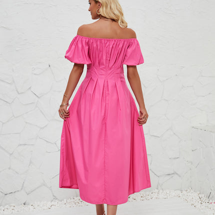 Women's Off Shoulder Wrap Puff Short Sleeve Pleated Flowy Midi Dress