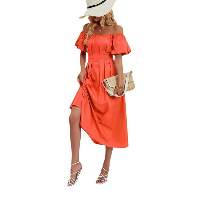 Women's Off Shoulder Wrap Puff Short Sleeve Pleated Flowy Midi Dress