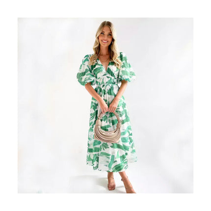 Women's Summer Casual Puff Short Sleeve V Neck Elastic Waist Boho Floral Flowy Maxi Dress