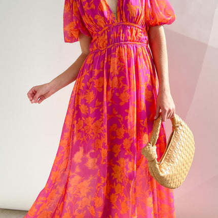 Women's Summer Casual Puff Short Sleeve V Neck Elastic Waist Boho Floral Flowy Maxi Dress