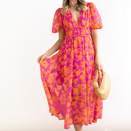 Women's Summer Casual Puff Short Sleeve V Neck Elastic Waist Boho Floral Flowy Maxi Dress