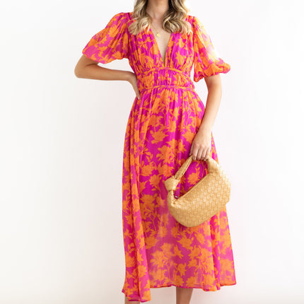 Women's Summer Casual Puff Short Sleeve V Neck Elastic Waist Boho Floral Flowy Maxi Dress