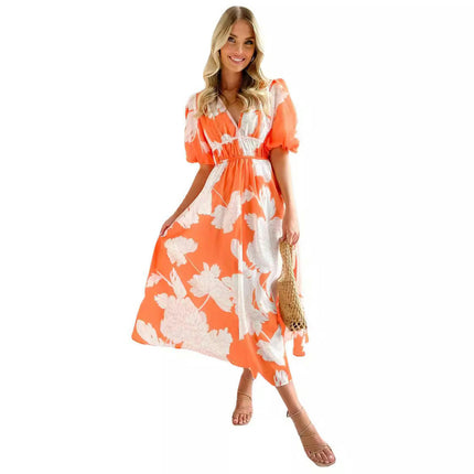 Women's Summer Casual Puff Short Sleeve V Neck Elastic Waist Boho Floral Flowy Maxi Dress